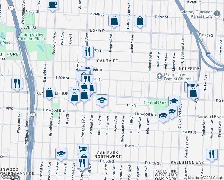 map of restaurants, bars, coffee shops, grocery stores, and more near 3029 Benton Boulevard in Kansas City