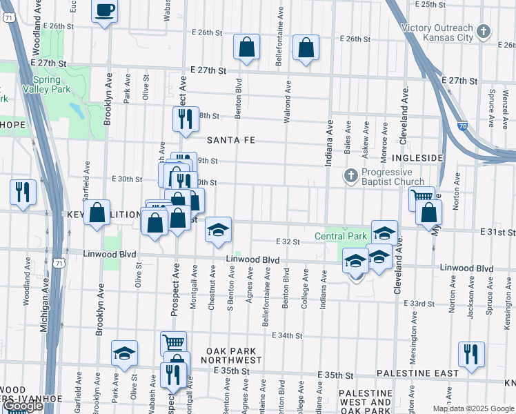 map of restaurants, bars, coffee shops, grocery stores, and more near 3021 Agnes Ave in Kansas City