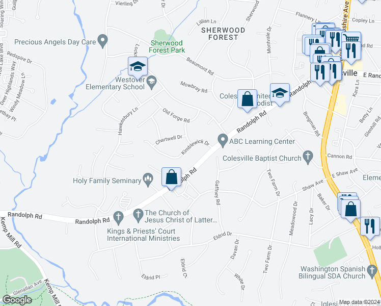 map of restaurants, bars, coffee shops, grocery stores, and more near 304 Kimblewick Drive in Silver Spring