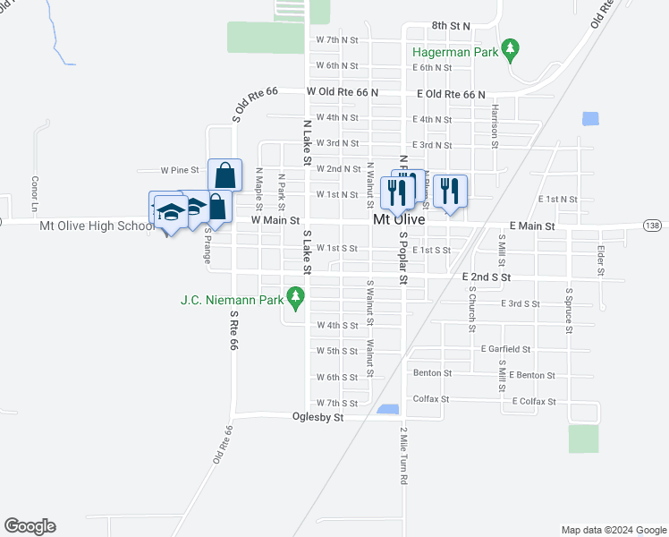 map of restaurants, bars, coffee shops, grocery stores, and more near 211 South Cherry Street in Mount Olive