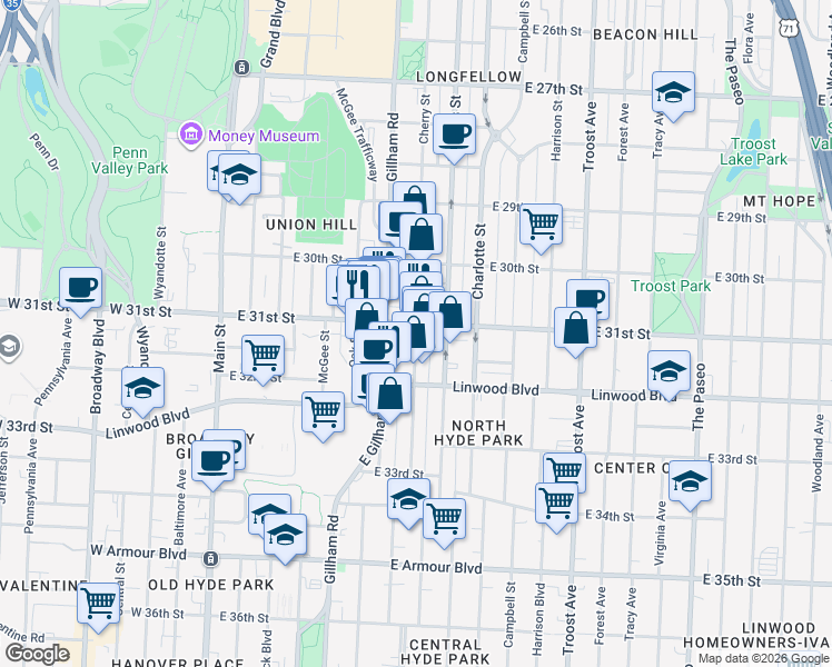 map of restaurants, bars, coffee shops, grocery stores, and more near 3110 Gillham Road in Kansas City
