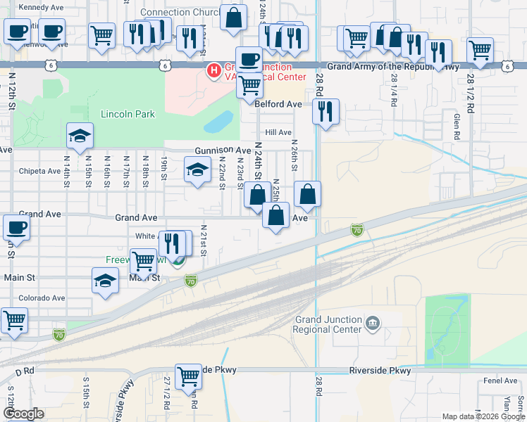 map of restaurants, bars, coffee shops, grocery stores, and more near 414 North 24th Street in Grand Junction