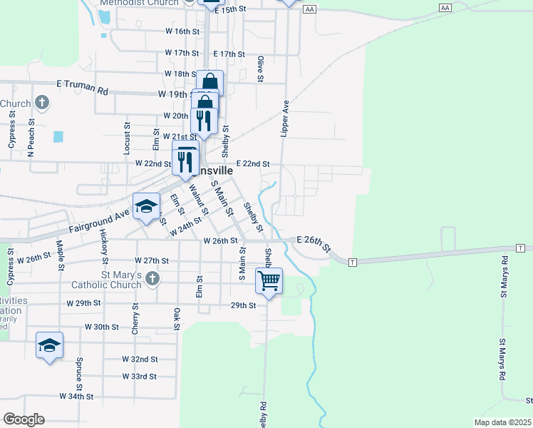 map of restaurants, bars, coffee shops, grocery stores, and more near 2404 Lipper Avenue in Higginsville
