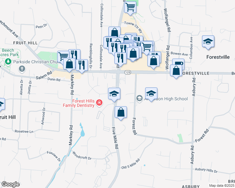 map of restaurants, bars, coffee shops, grocery stores, and more near 7633 Five Mile Road in Cincinnati