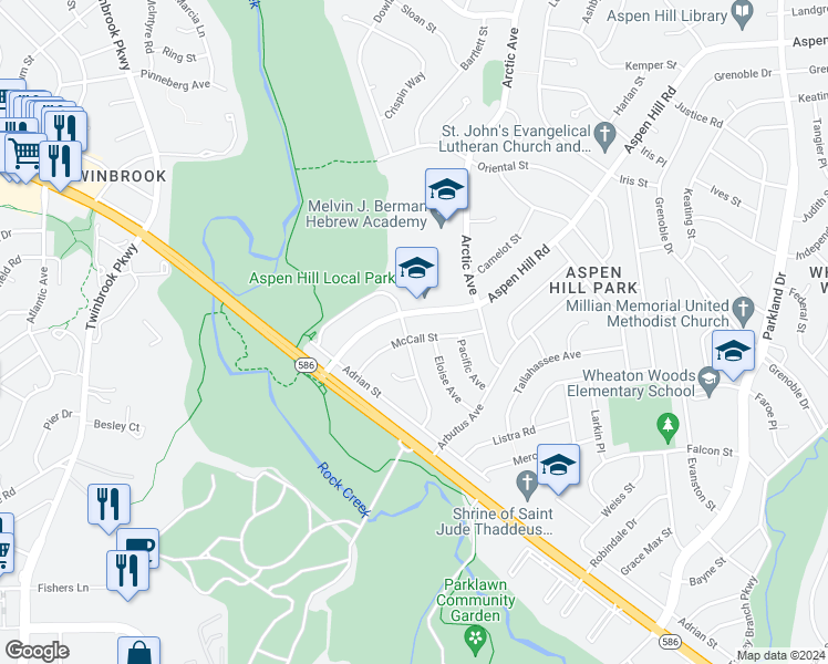 map of restaurants, bars, coffee shops, grocery stores, and more near 4923 McCall Street in Rockville