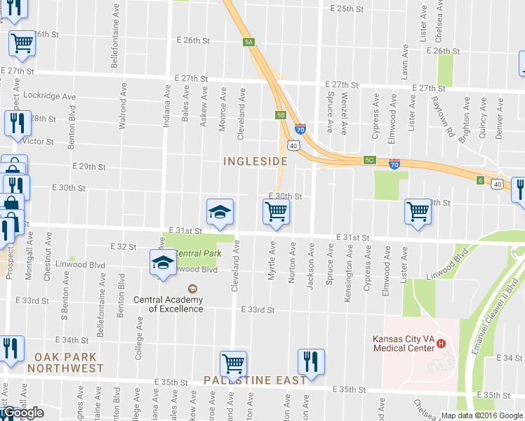 map of restaurants, bars, coffee shops, grocery stores, and more near 3021 Mersington Ave in Kansas City