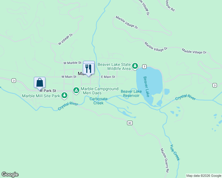 map of restaurants, bars, coffee shops, grocery stores, and more near 213 E Park St in Marble