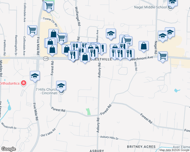map of restaurants, bars, coffee shops, grocery stores, and more near 1115 Asbury Road in Cincinnati