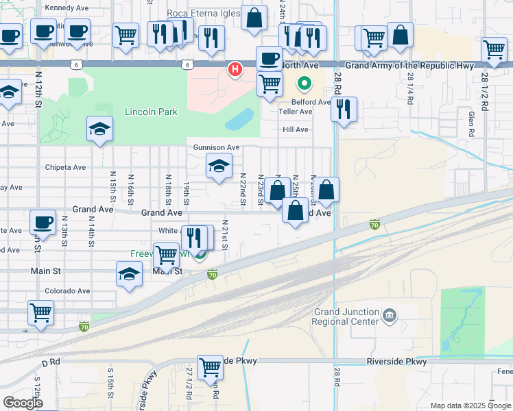 map of restaurants, bars, coffee shops, grocery stores, and more near 405 North 23rd Street in Grand Junction