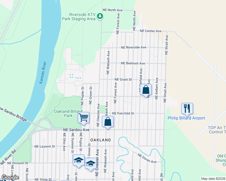 map of restaurants, bars, coffee shops, grocery stores, and more near 1017 Northeast Forest Avenue in Topeka