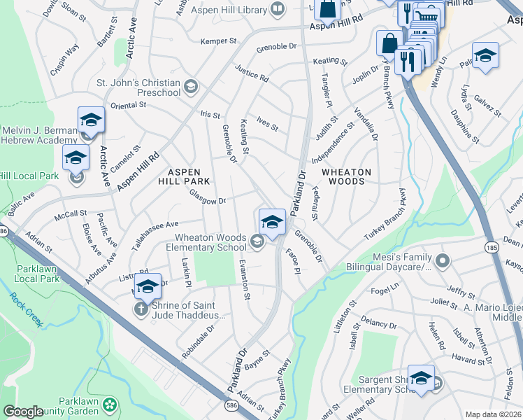 map of restaurants, bars, coffee shops, grocery stores, and more near 13019 Freeland Road in Rockville