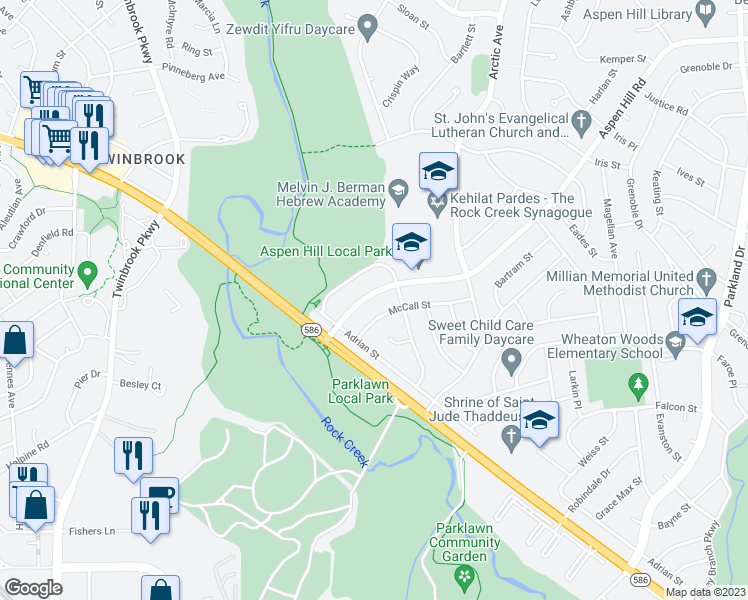 map of restaurants, bars, coffee shops, grocery stores, and more near 5008 Aspen Hill Road in Rockville