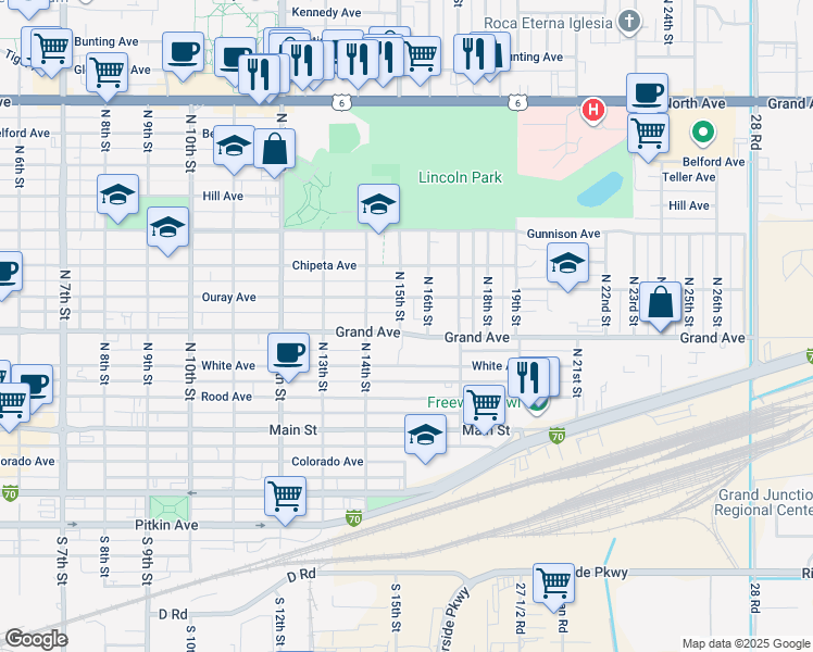 map of restaurants, bars, coffee shops, grocery stores, and more near 404 North 15th Street in Grand Junction