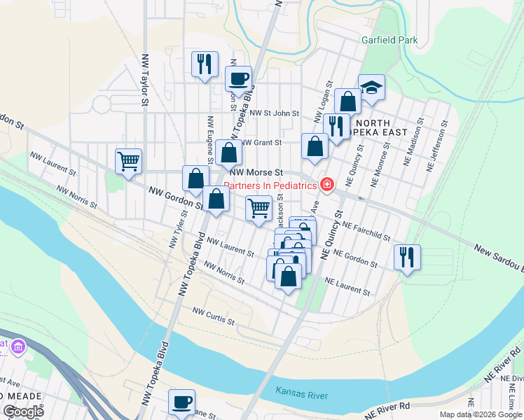 map of restaurants, bars, coffee shops, grocery stores, and more near 1016 Northwest Van Buren Street in Topeka