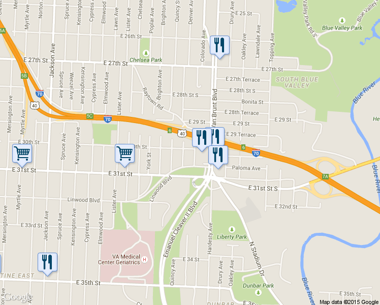 map of restaurants, bars, coffee shops, grocery stores, and more near 5211 East 30th Street in Kansas City