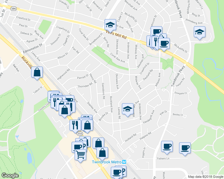 map of restaurants, bars, coffee shops, grocery stores, and more near 1926 Rockland Avenue in Rockville