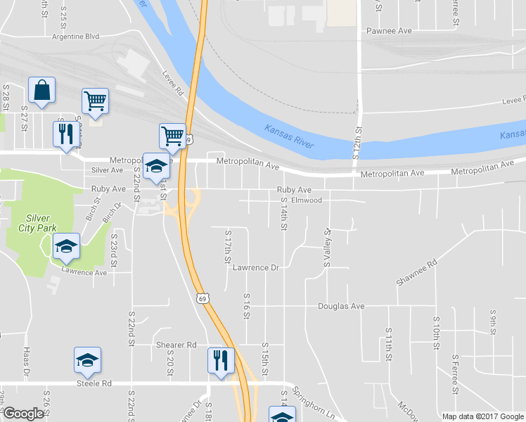 map of restaurants, bars, coffee shops, grocery stores, and more near 1626 South 15th Street in Kansas City