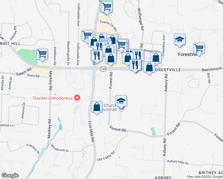 map of restaurants, bars, coffee shops, grocery stores, and more near 7550 Forest Road in Cincinnati