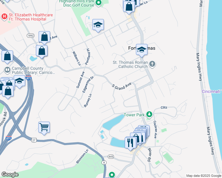 map of restaurants, bars, coffee shops, grocery stores, and more near 619 South Grand Avenue in Fort Thomas