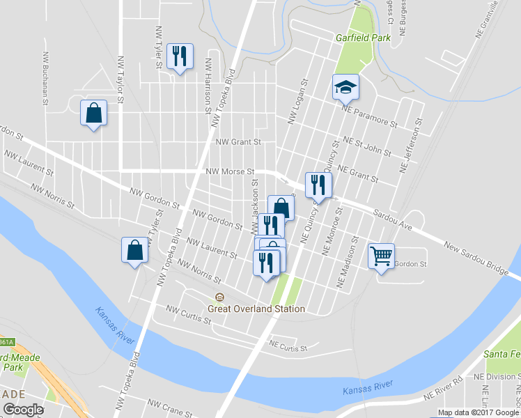 map of restaurants, bars, coffee shops, grocery stores, and more near 1030 Northwest Jackson Street in Topeka