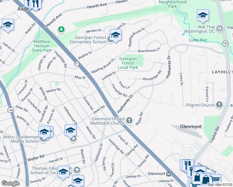 map of restaurants, bars, coffee shops, grocery stores, and more near 13112 Fernedge Road in Silver Spring