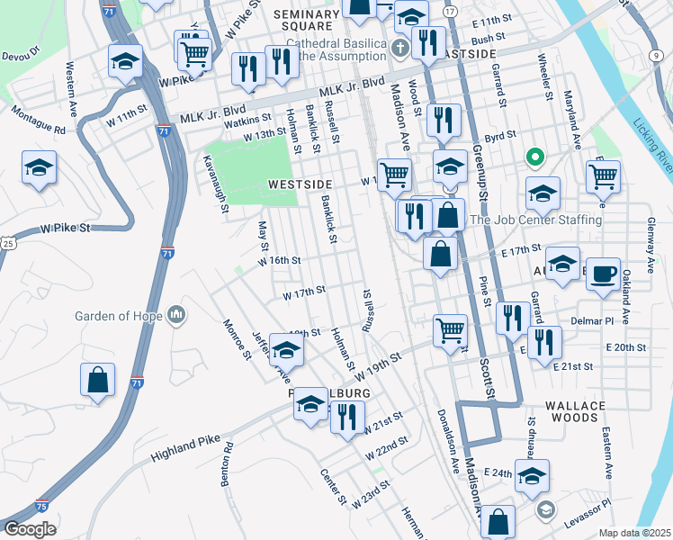 map of restaurants, bars, coffee shops, grocery stores, and more near 1615 Banklick Street in Covington