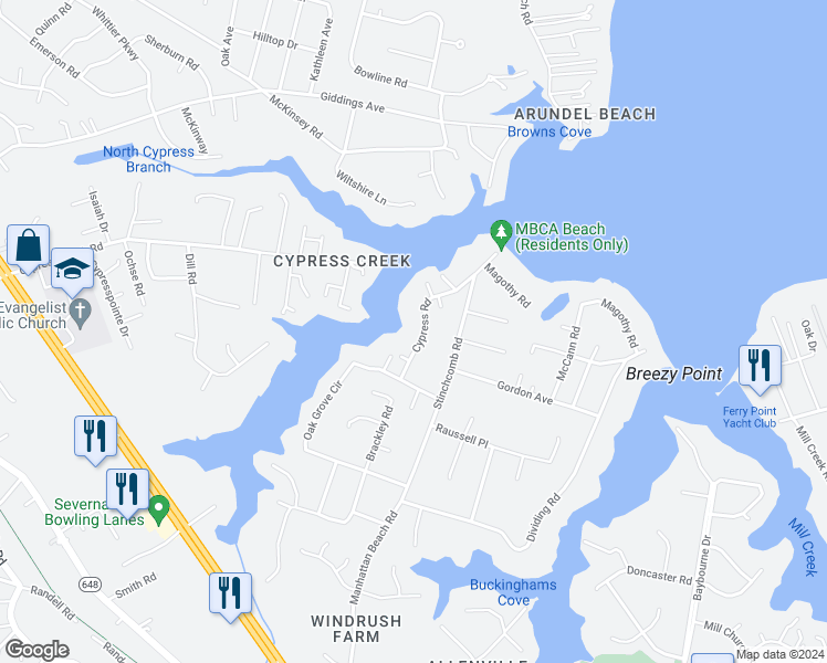 map of restaurants, bars, coffee shops, grocery stores, and more near 758 Cypress Road in Severna Park