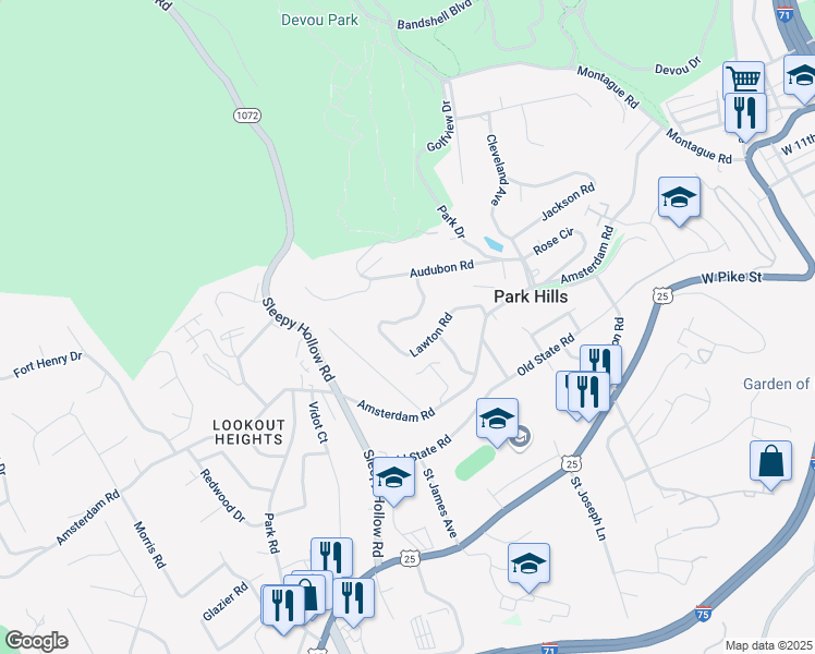 map of restaurants, bars, coffee shops, grocery stores, and more near 1074 Lawton Road in Park Hills