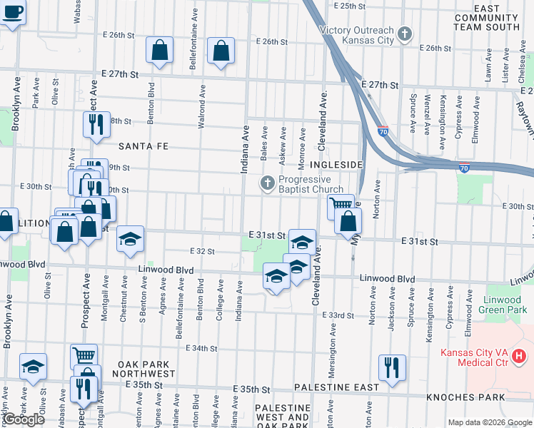 map of restaurants, bars, coffee shops, grocery stores, and more near 3021 Bales Avenue in Kansas City