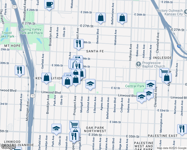 map of restaurants, bars, coffee shops, grocery stores, and more near 3029 Benton Boulevard in Kansas City