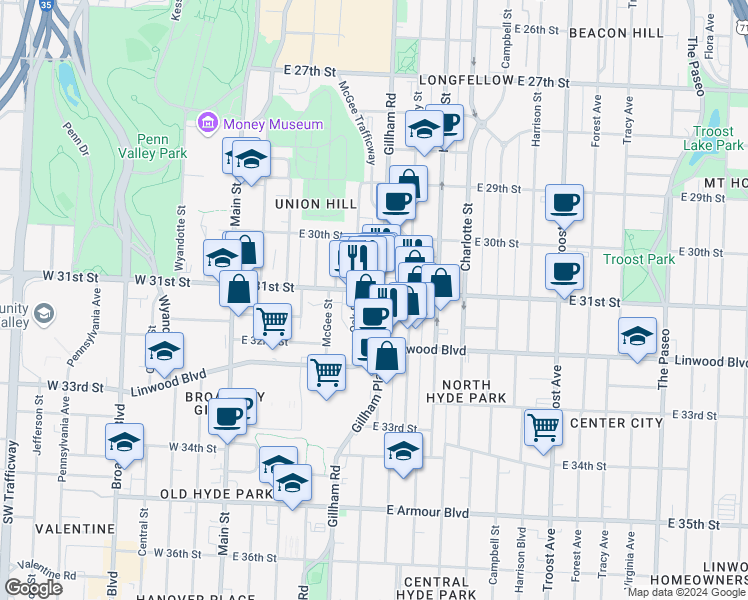 map of restaurants, bars, coffee shops, grocery stores, and more near 3110 Gillham Plaza in Kansas City