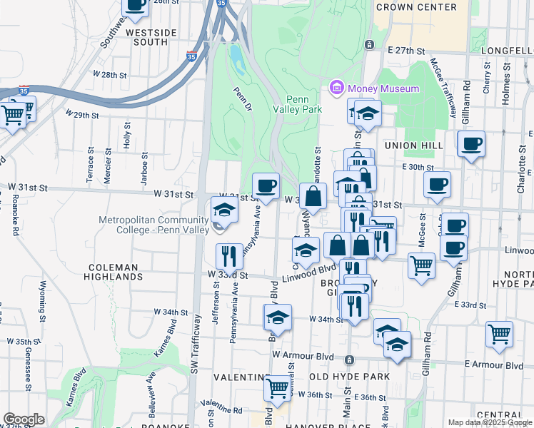 map of restaurants, bars, coffee shops, grocery stores, and more near in Kansas City