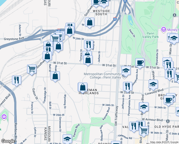 map of restaurants, bars, coffee shops, grocery stores, and more near 3199 Holly Street in Kansas City