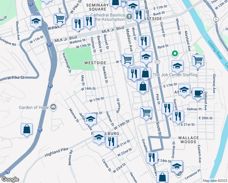 map of restaurants, bars, coffee shops, grocery stores, and more near 1619 Russell Street in Covington