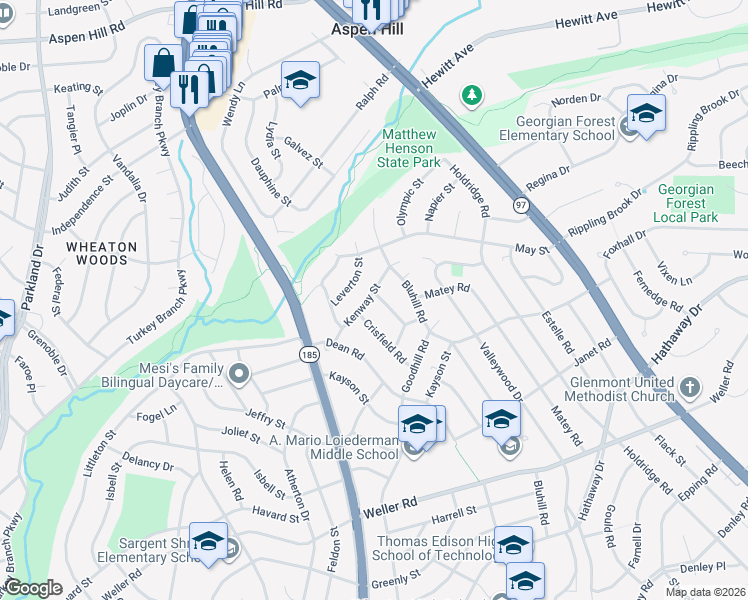 map of restaurants, bars, coffee shops, grocery stores, and more near 3700 Kenway Street in Silver Spring