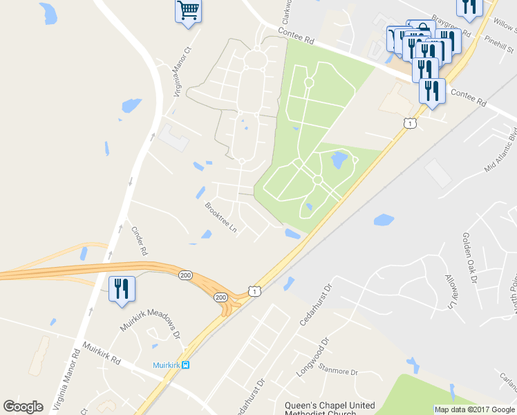 map of restaurants, bars, coffee shops, grocery stores, and more near 13125 Winding Trail Road in Laurel
