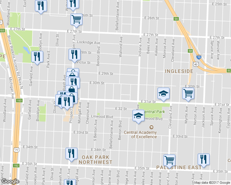 map of restaurants, bars, coffee shops, grocery stores, and more near 3019 Bellefontaine Avenue in Kansas City