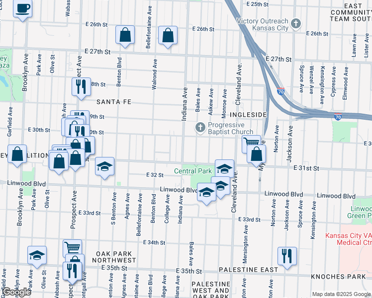 map of restaurants, bars, coffee shops, grocery stores, and more near 3019 Indiana Avenue in Kansas City
