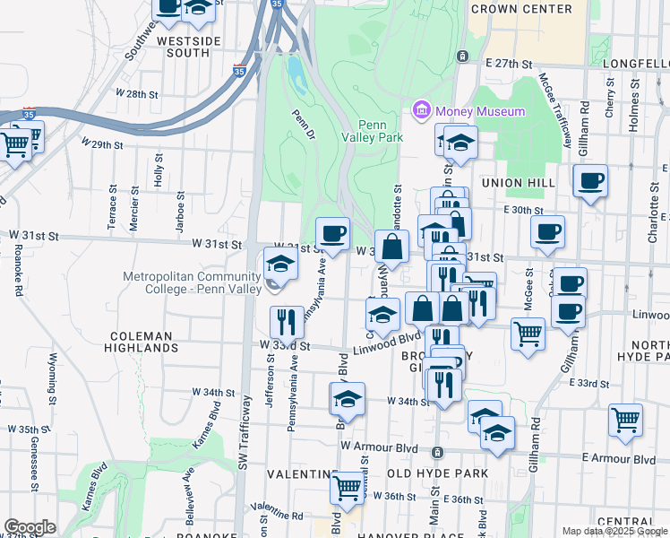 map of restaurants, bars, coffee shops, grocery stores, and more near 3100 Broadway Boulevard in Kansas City