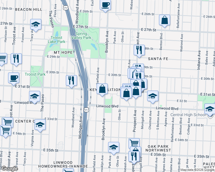 map of restaurants, bars, coffee shops, grocery stores, and more near 3037 Brooklyn Avenue in Kansas City