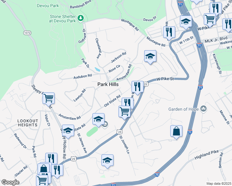 map of restaurants, bars, coffee shops, grocery stores, and more near 1145 Coram Street in Park Hills