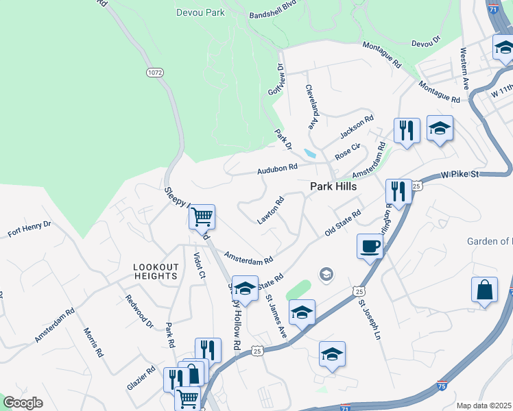 map of restaurants, bars, coffee shops, grocery stores, and more near 1074 Lawton Road in Park Hills
