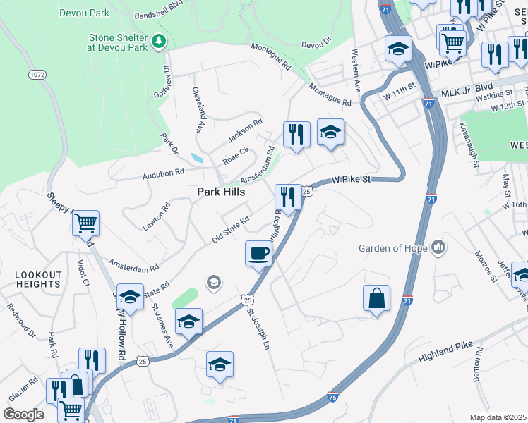 map of restaurants, bars, coffee shops, grocery stores, and more near 1117 Old State Road in Park Hills