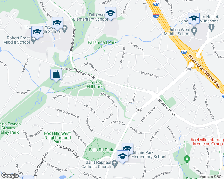map of restaurants, bars, coffee shops, grocery stores, and more near 20 Pebble Ridge Court in Rockville