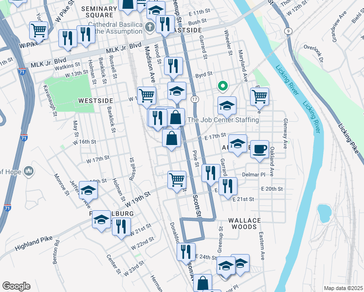 map of restaurants, bars, coffee shops, grocery stores, and more near 1705 Scott Boulevard in Covington