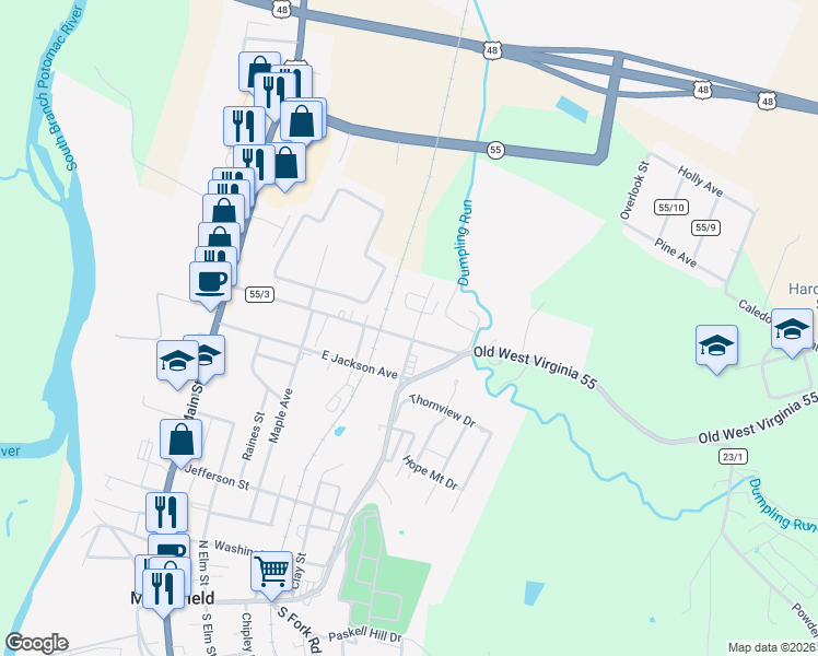 map of restaurants, bars, coffee shops, grocery stores, and more near 418 Spring Avenue in Moorefield