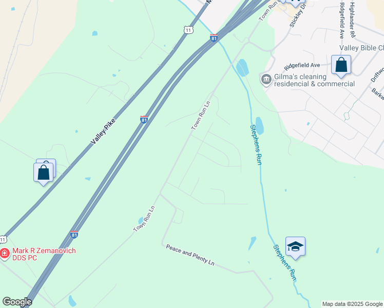 map of restaurants, bars, coffee shops, grocery stores, and more near 121 Westchester Drive in Stephens City
