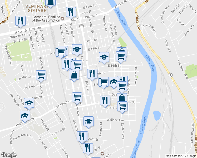 map of restaurants, bars, coffee shops, grocery stores, and more near 1717 Garrard St in Covington
