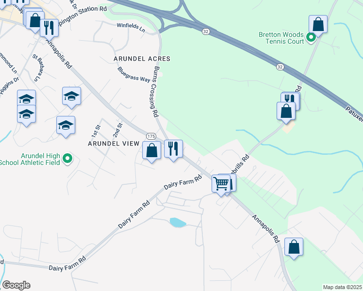 map of restaurants, bars, coffee shops, grocery stores, and more near 922 Annapolis Road in Gambrills