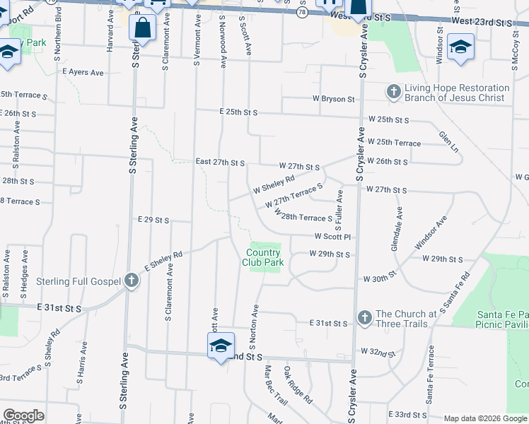 map of restaurants, bars, coffee shops, grocery stores, and more near 1523 West 27th Terrace South in Independence